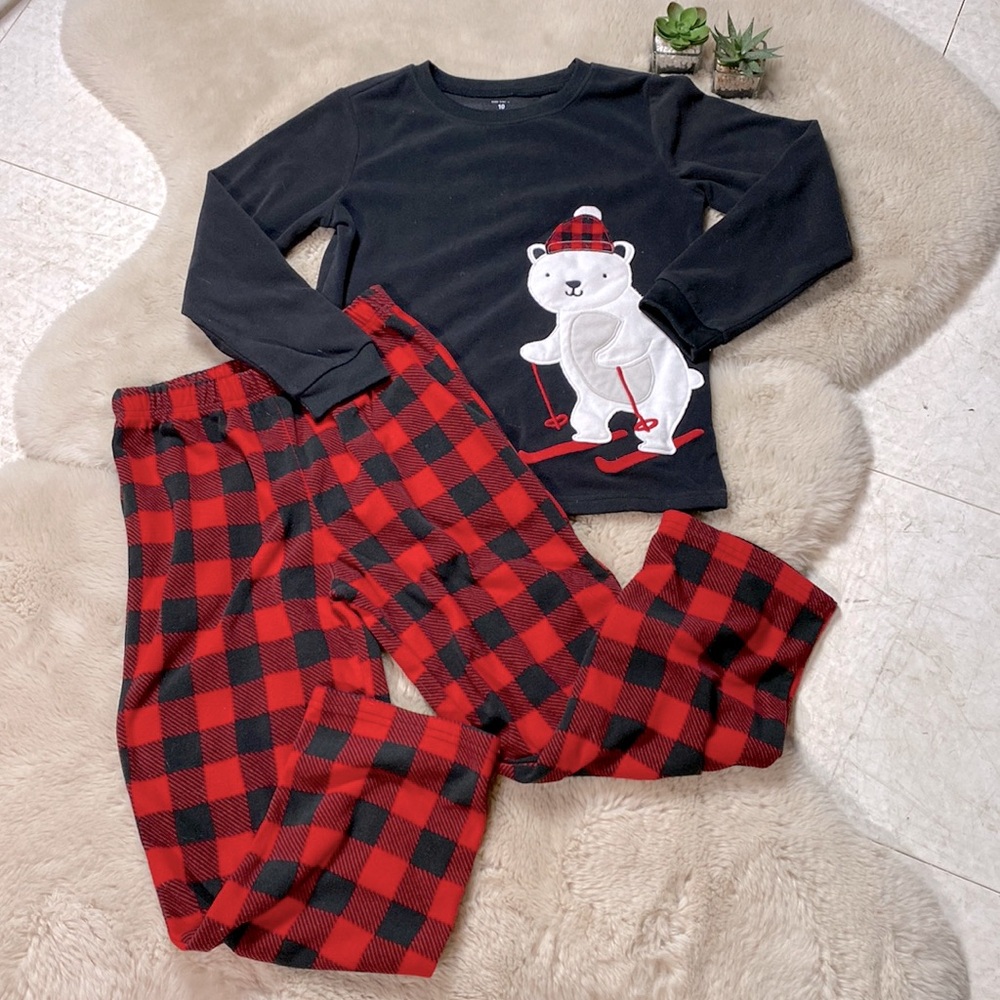 Carter’s Polar Bear Skiing Fleece Pajama Set Size 10 Black Red White ❄️ 🐻